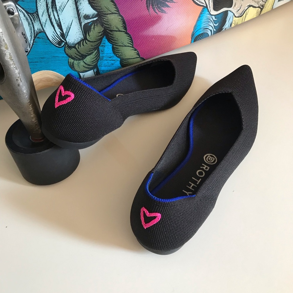 Rothy's Women's Black Flats with Pink Heart Sz 10
